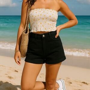 New 6 ASOS Black Disco Shorts High Rise Mini Stretch Denim Jean Mom‎ Pockets